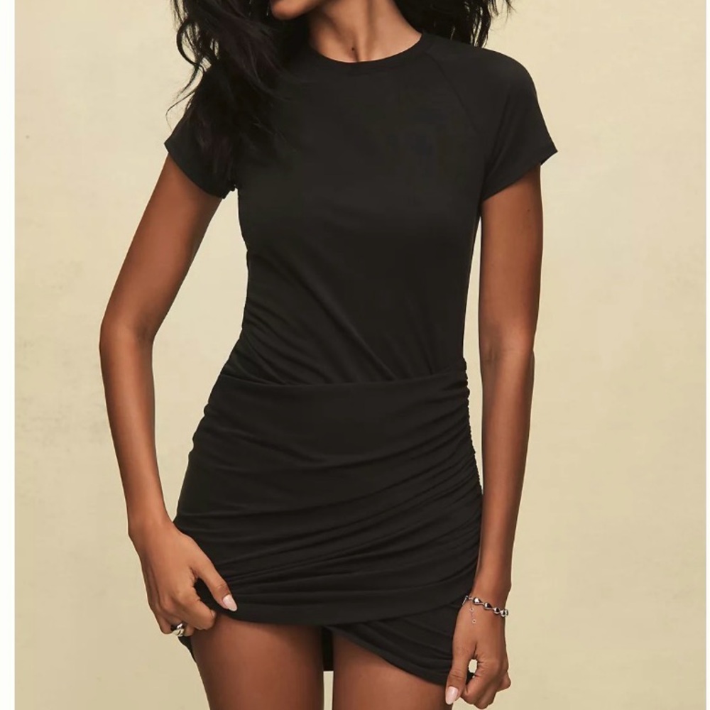 Good American Black Short-Sleeve Ruched Mini Dress